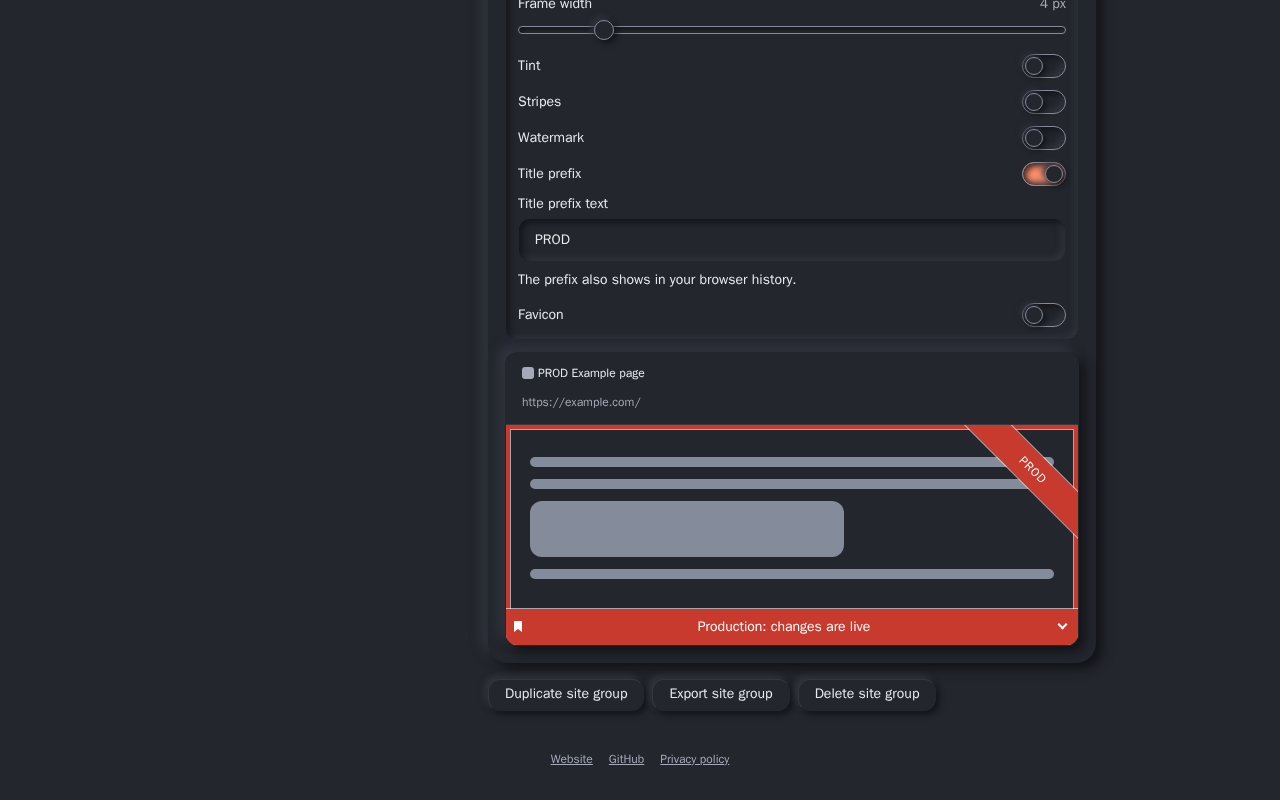 The mark editor in the SiteMark settings: the effects, such as the frame, tint and title prefix, above a live preview of the ribbon, frame and banner on an example page.