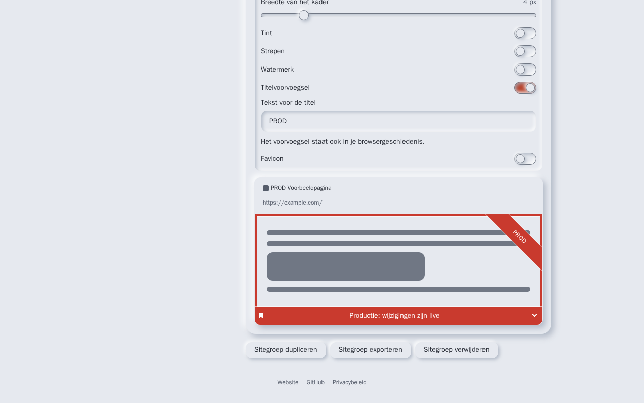 De markeringseditor in de instellingen van SiteMark: de effecten, zoals het kader, de tint en het titelvoorvoegsel, boven een live voorbeeld van het lint, het kader en de banner op een voorbeeldpagina.